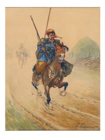 A MOUNTED COSSACK WITH HIS SABER DRAWN, RUSSIAN WATERCOLOR AND GOUACHE, CA. 1900–1915