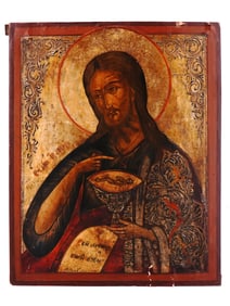A LARGE RUSSIAN ORTHODOX ICON OF JOHN THE BAPTIST, 19TH CEN.