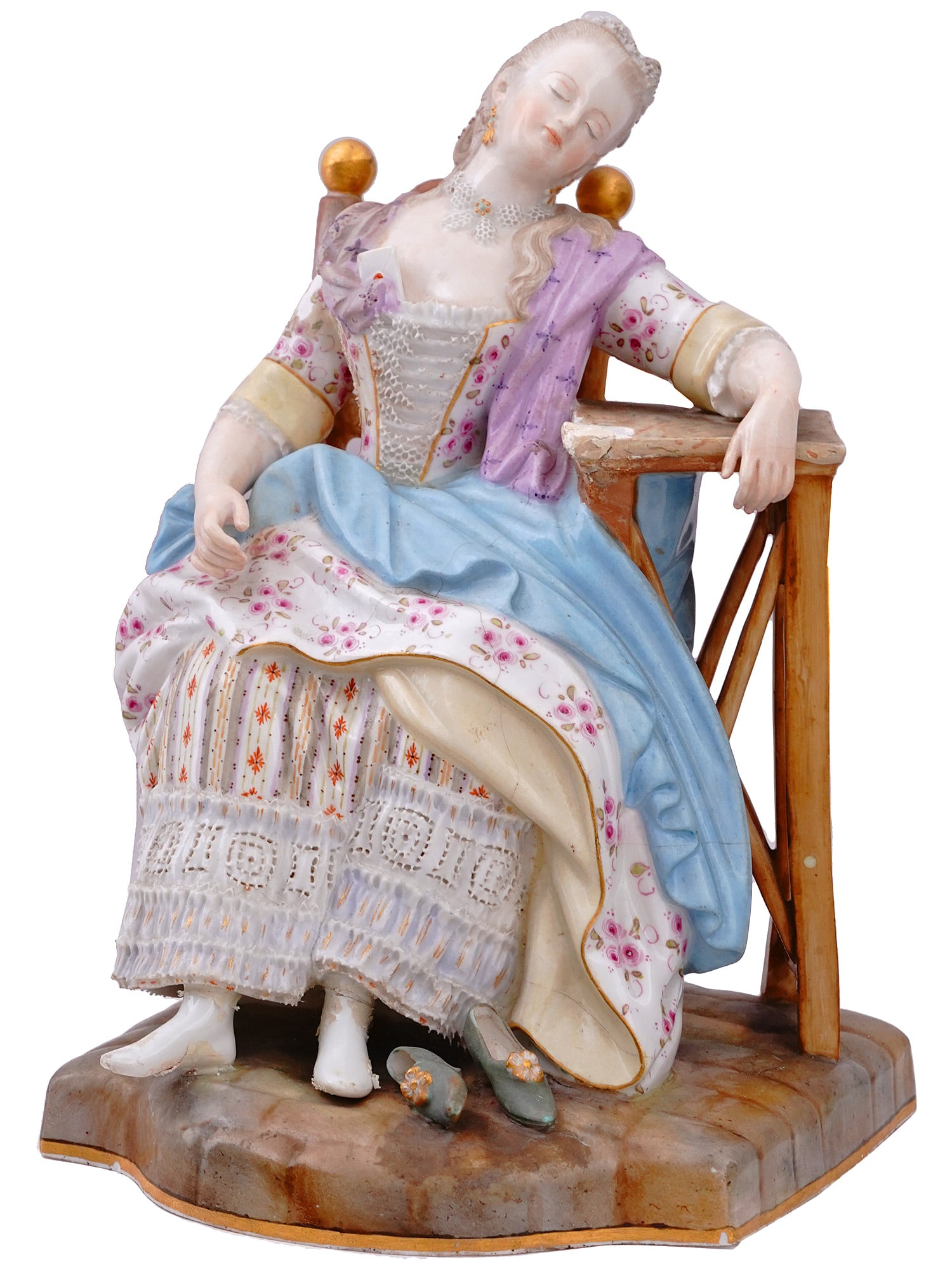 A MEISSEN PORCELAIN FIGURE OF SLEEPING MAIDEN, 19TH/20TH CENTURY: A late 19th/early 20th-century Meissen porcelain figure depicting the image of a sleeping maiden in a chair, her shoes aside, her left arm resting on a marble top table, and a letter tucked into her b