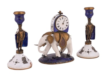 A RARE CASED FRENCH ENAMEL AND GILT-METAL CLOCK WITH ELEPHANT AUTOMATON, 18TH CENTURY