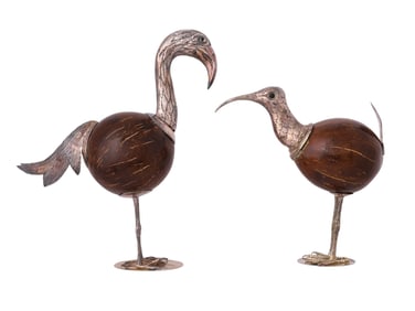 A PAIR OF SILVER AND COCONUT SHELL BIRD FIGURES, PROBABLY CONTINENTAL, LATE 19TH – EARLY 20TH