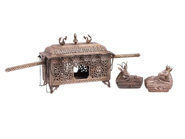 A DECORATIVE INDIAN SILVER PALANQUIN-FORM CASKET WITH A PAIR OF DEER-SHAPED BOXES, 19TH CENTURY