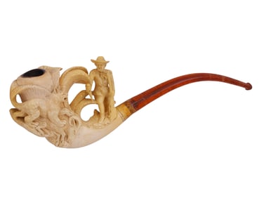A CARVED MEERSCHAUM HUNTING SCENE TOBACCO PIPE, 19TH CENTURY
