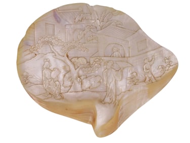 A CHINESE CARVED MOTHER-OF-PEARL SHELL FAN-SHAPED PLAQUE