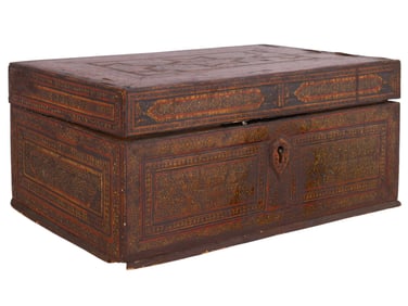 A QAJAR POLYCHROME LACQUERED AND PARQUETRY DECORATED WOODEN BOX, PERSIA, MID–19TH CENTURY