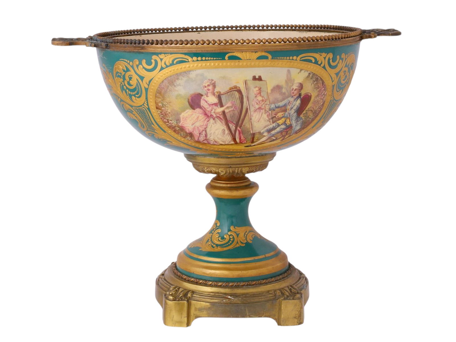 A FRENCH SEVRES-STYLE PORCELAIN AND GILT BRONZE MOUNTED CENTERPIECE BOWL, SIGNED, LATE 19TH CENTURY (1 of 8)