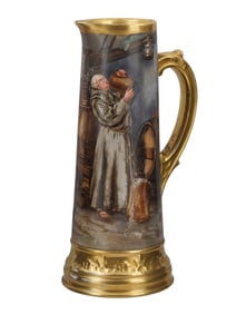 A T&V LIMOGES HAND-PAINTED BEER JUG BY H.M. FERGUSON, DATED 1901