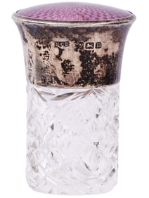 AN ENGLISH SILVER AND GUILLOCHÉ ENAMEL-MOUNTED CUT GLASS SCENT BOTTLE, BY HENRY CHARLES DAVIS,