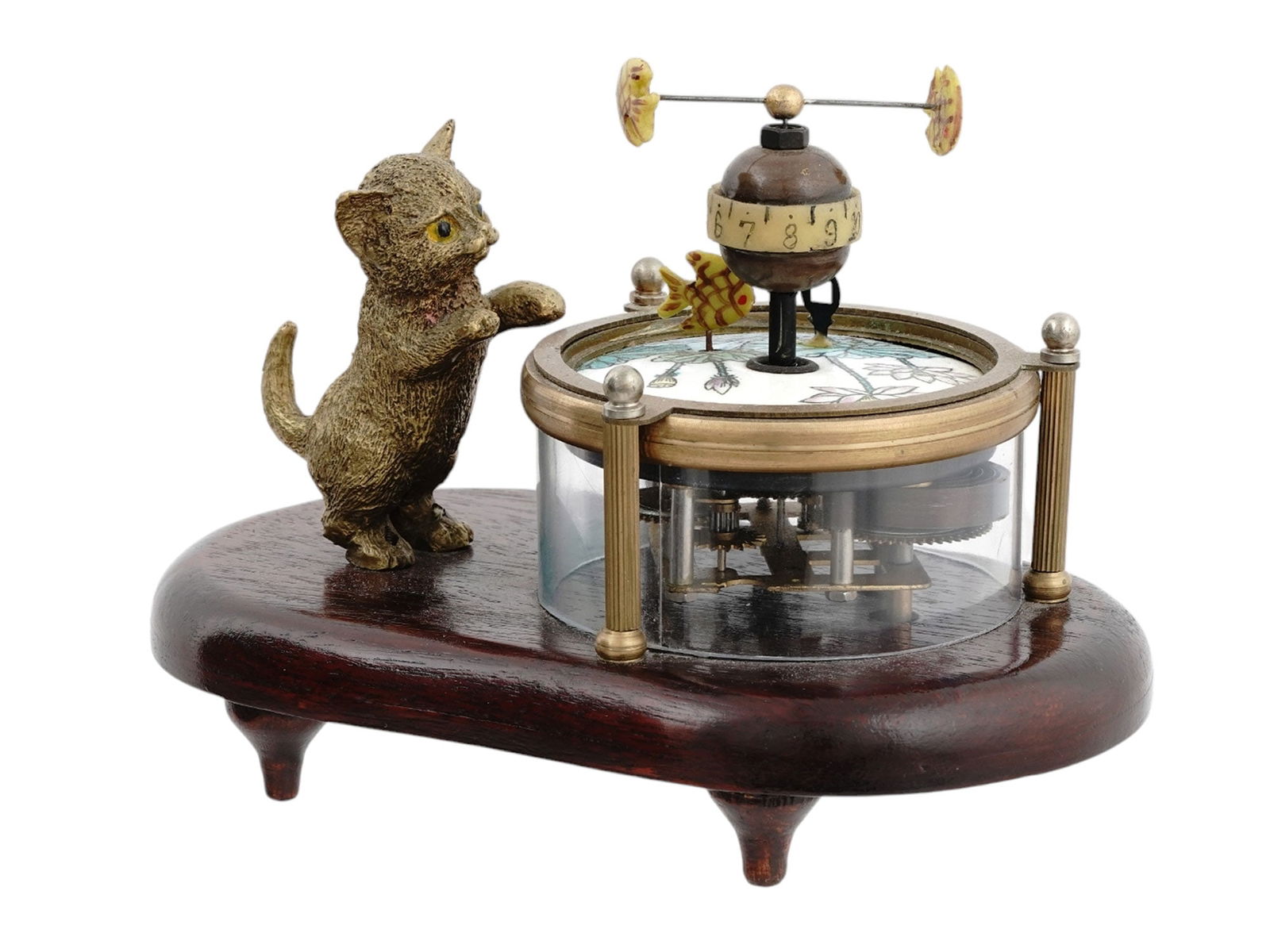 A JAPANESE AUTOMATON NOVELTY CLOCK WITH CAT AND FISH, MEIJI–TAISH? PERIOD, CA. 1900–1925 (1 of 5)