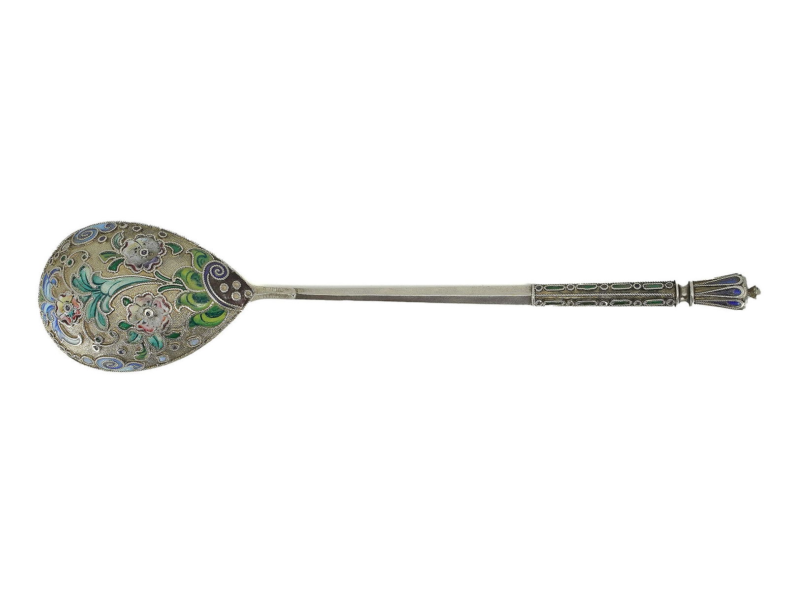 A RUSSIAN PARCEL-GILT SILVER AND ENAMEL TEA SPOON, C. 1900 (1 of 6)