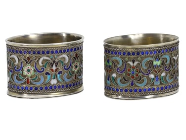 ? PAIR OF SOVIET RUSSIAN SILVER AND CLOISONNE ENAMEL NAPKIN HOLDERS, C. 1926-1953