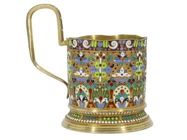 A RUSSIAN PARCEL-GILT CLOISONNE ENAMEL TEGLASS HOLDER, 19 CENTURY