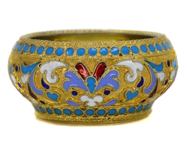 A SMALL RUSSIAN GILT SILVER AND CLOISONNE ENAMEL SALT CELLAR, 1896