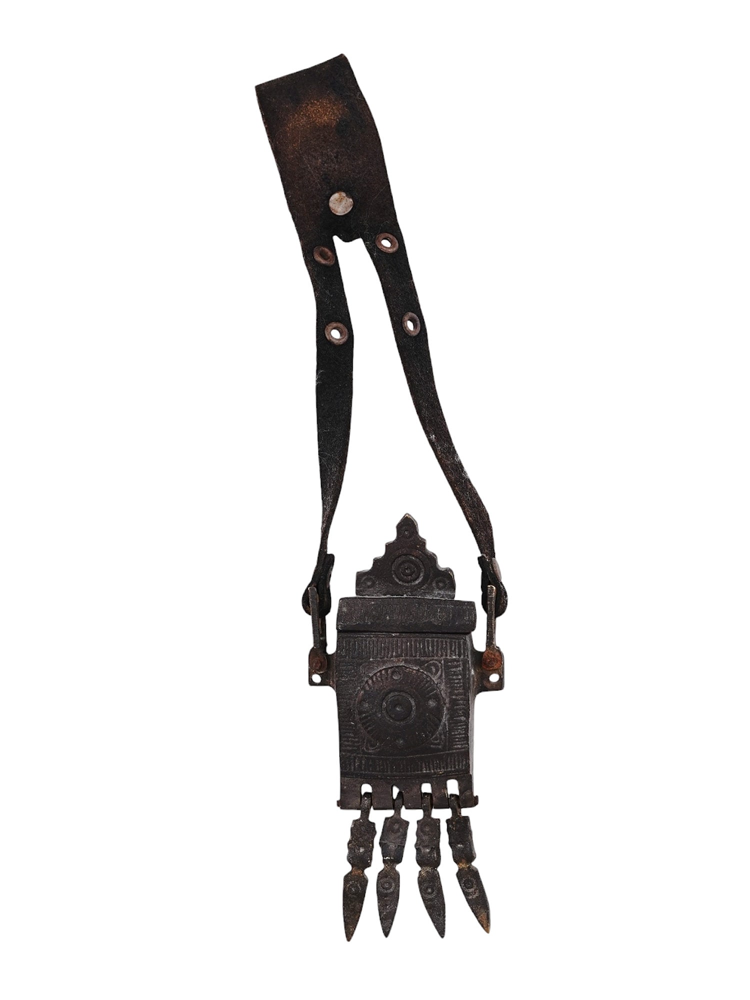 AN OTTOMAN BRONZE CARTRIDGE BOX WITH LEATHER FROG, 19TH CENTURY: An Ottoman bronze cartridge box comprised primarily of bronze which has been decoratively chased and molded with geometric patterns, hung with four swiveling bronze tassels in an arrow shape, and affi