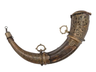 A LARGE ISLAMIC HORN GUNPOWDER FLASK, PROBABLY PERSIAN, 19TH CEN.