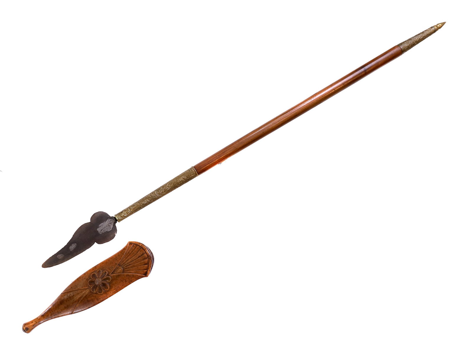 A MALAYSIAN OR INDONESIAN SPEAR WITH INLAID SPEARTIP, 20TH CENTURY: A fine Malasyan spear with a brass-mounted shaft. Malaysia/Indonesia - 20th Century Dimensions: L: 56 1/4 in., (143 cm.) Please make all inquiries before bidding. All lots are sold "as-is", refer to o