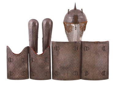 A FULL SET OF INDIAN CHAR-AINA ARMOR WITH HELMET AND TWO BAZUBANDS