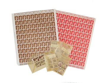 TWO SHEETS NAZI GERMANY OF 100 HITLER PROFILE STAMPS 3 AND 12 PF