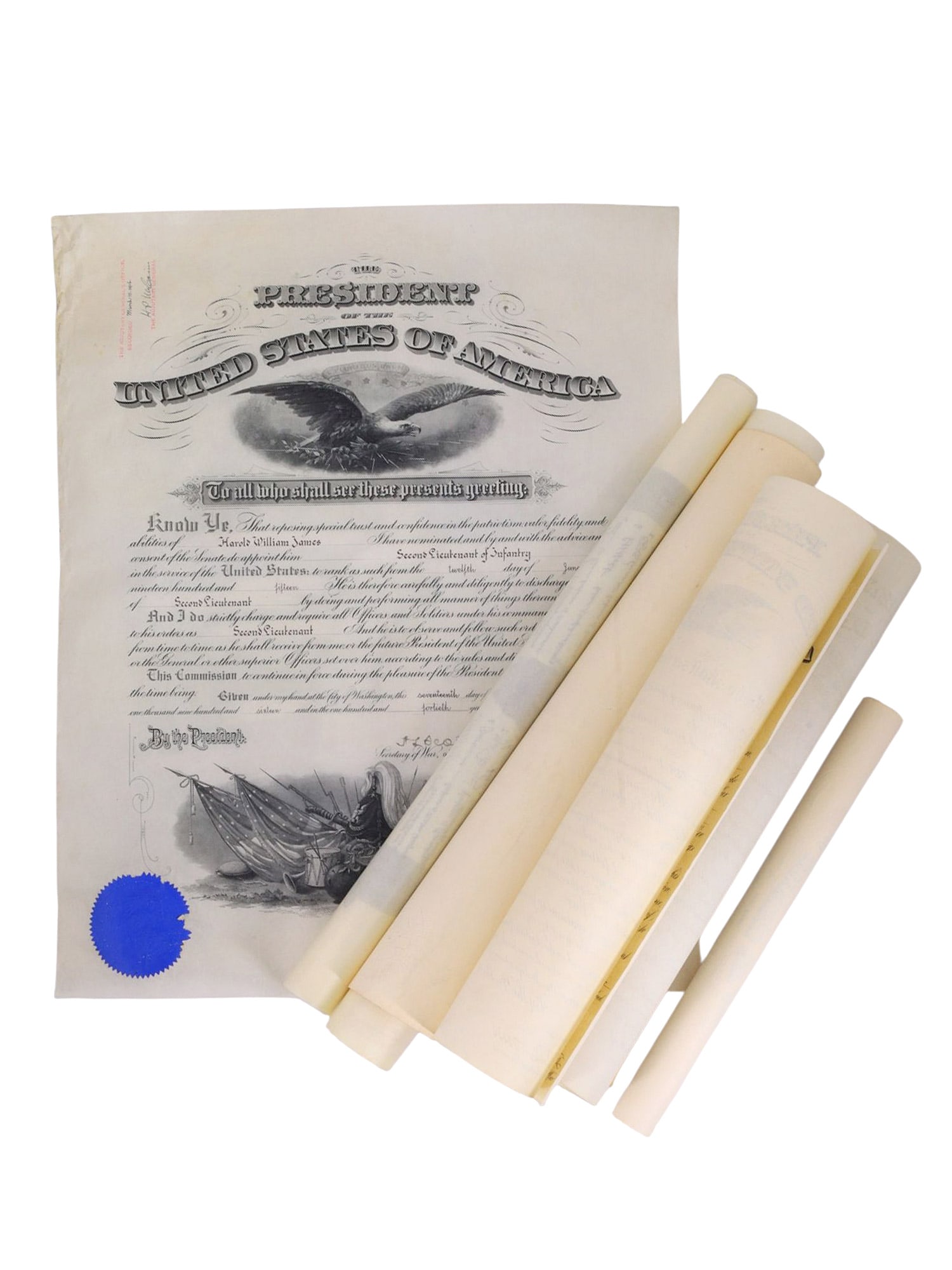 A GROUP OF 6 MILITARY COMMISSION DOCUMENTS, SOME WOODROW WILSON SIGNED, 1915-1922 (1 of 8)