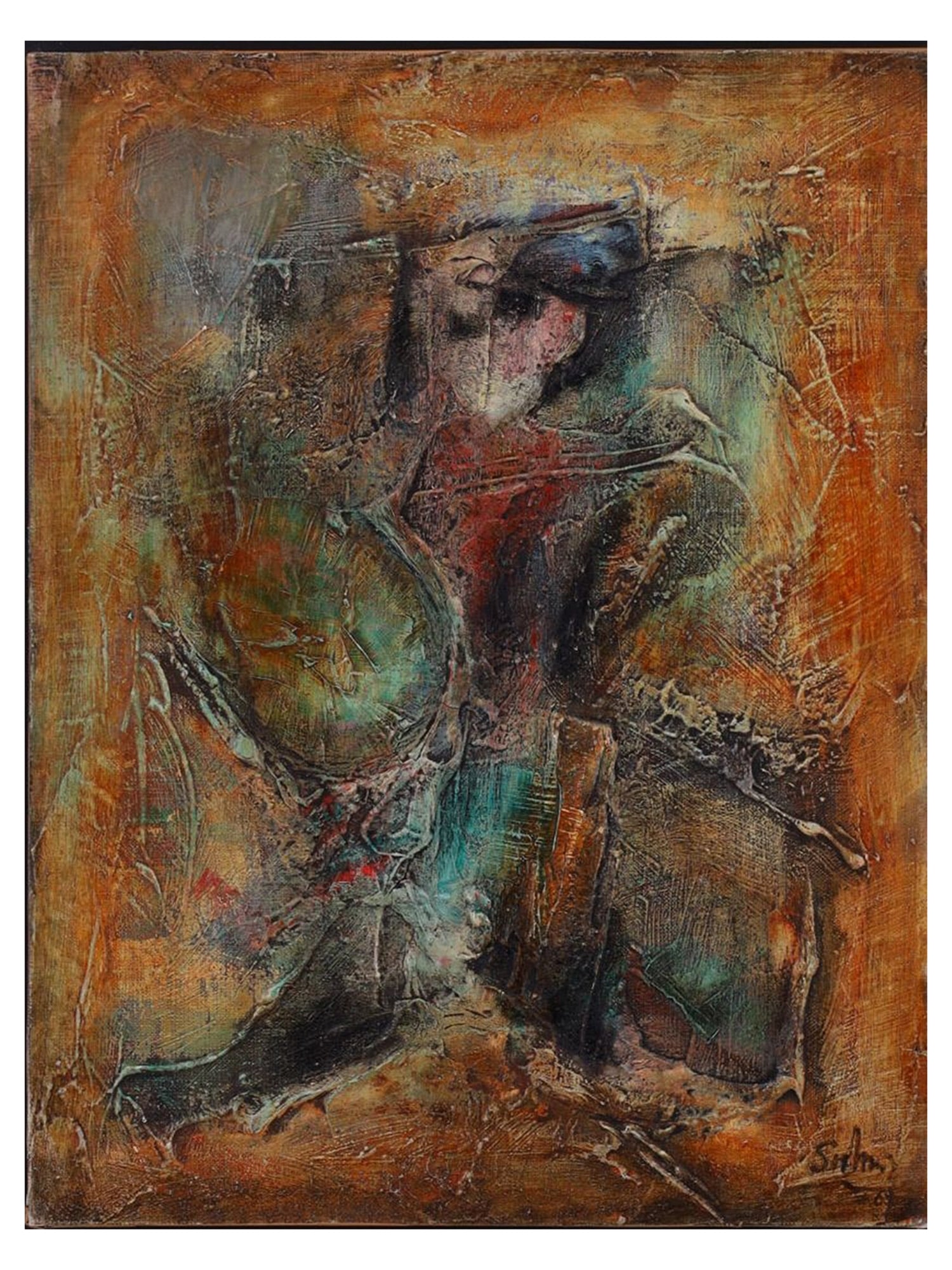 A KAZUYA SAKAI (1927–2001) ABSTRACT PAINTING, MIXED MEDIA OIL ON CARDBOARD, 20TH CEN. (1 of 5)