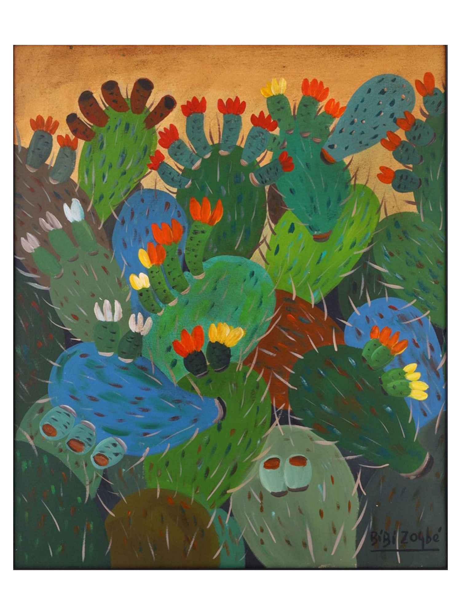 A BIBI ZOGBÉ (1890–1973) SIGNED OIL ON BOARD PAINTING, FLOWERING CACTI (1 of 4)