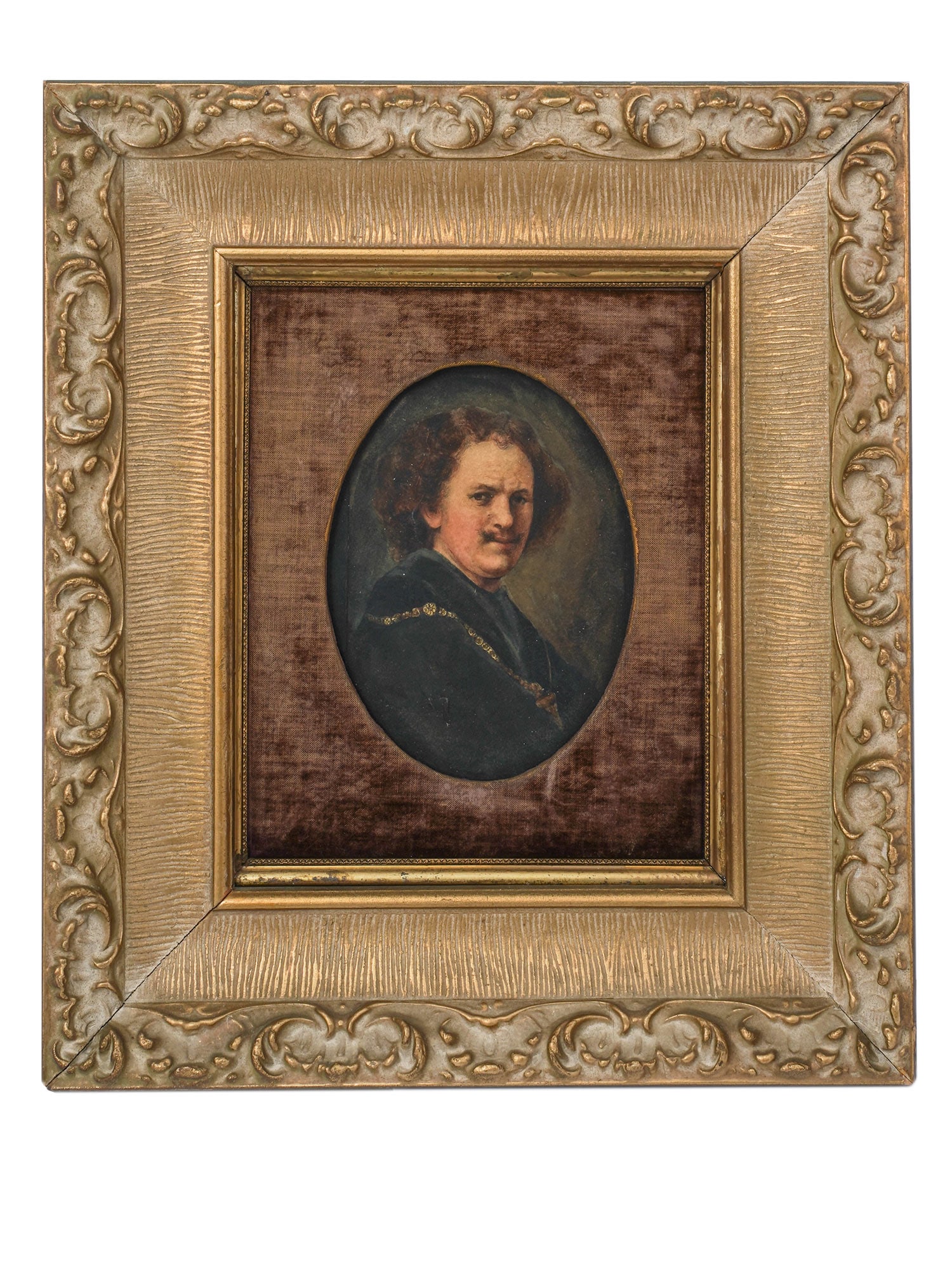 A WATERCOLOR ON CANVAS PORTRAIT AFTER REMBRANDT'S 'MAN WITH CHAIN'