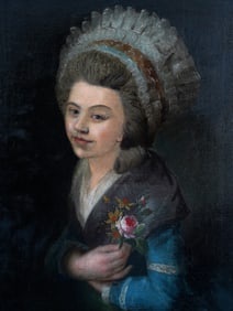 A YOUNG WOMAN HOLDING FLOWERS, FRENCH SCHOOL, 19TH CENTURY, OIL ON CANVAS, LOUIS TRINQUESSE ATTR.