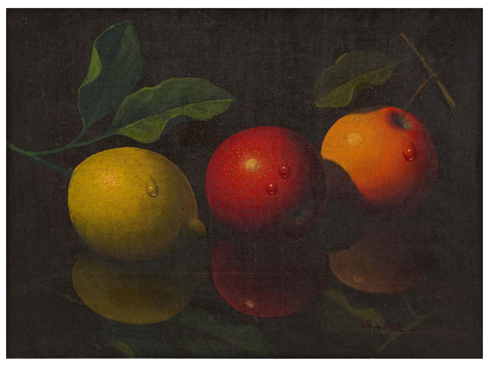 AN OIL ON CANVAS STILL LIFE OF FRUIT, ALBERT GRICE ATTR., ENGLISH SCHOOL, 20TH CEN. (1 of 4)