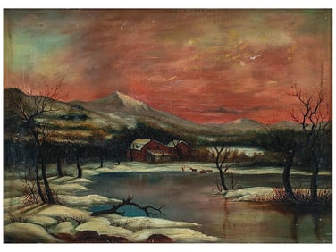 AN AMERICAN SCHOOL SNOWY LANDSCAPE WITH BARN, LATE 19TH CENTURY OIL ON CANVAS PAINTING