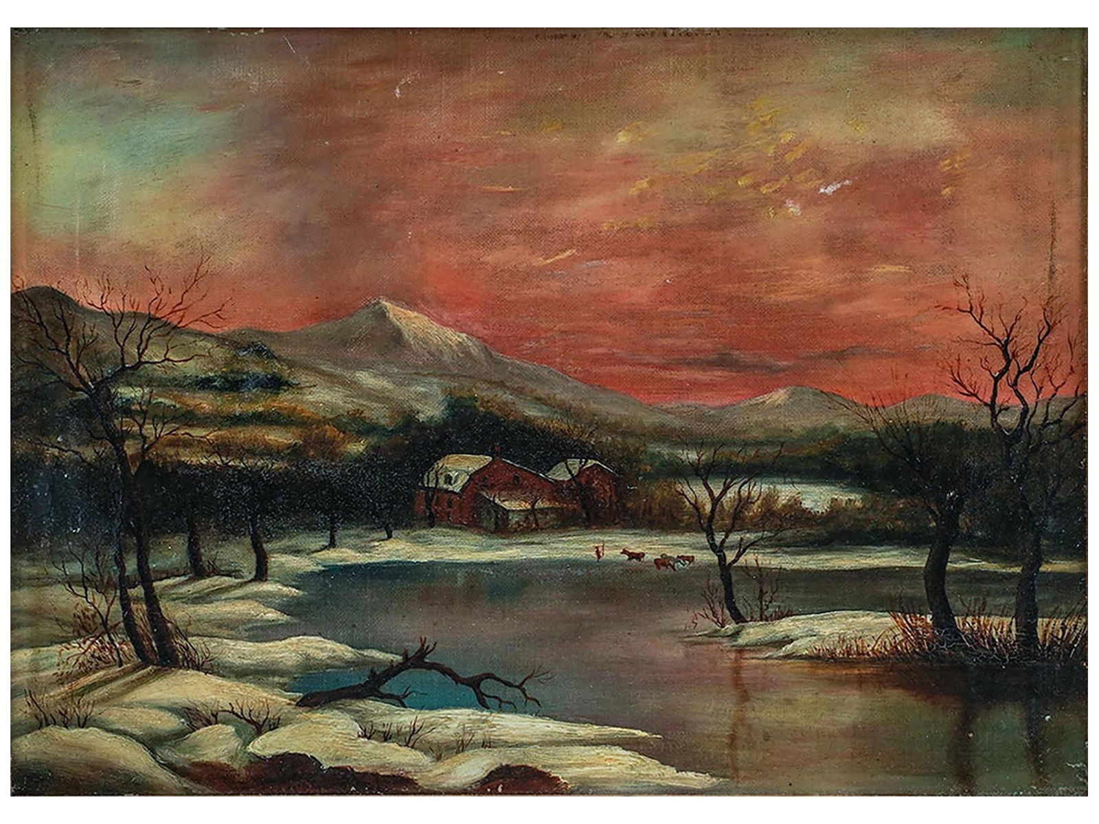 AN AMERICAN SCHOOL SNOWY LANDSCAPE WITH BARN, LATE 19TH CENTURY OIL ON CANVAS PAINTING (1 of 4)