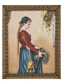 A CONTINENTAL HAND-PAINTED PORCELAIN PLAQUE DEPICTING A YOUNG GIRL WITH FLOWERS AT A SHRINE, LATE