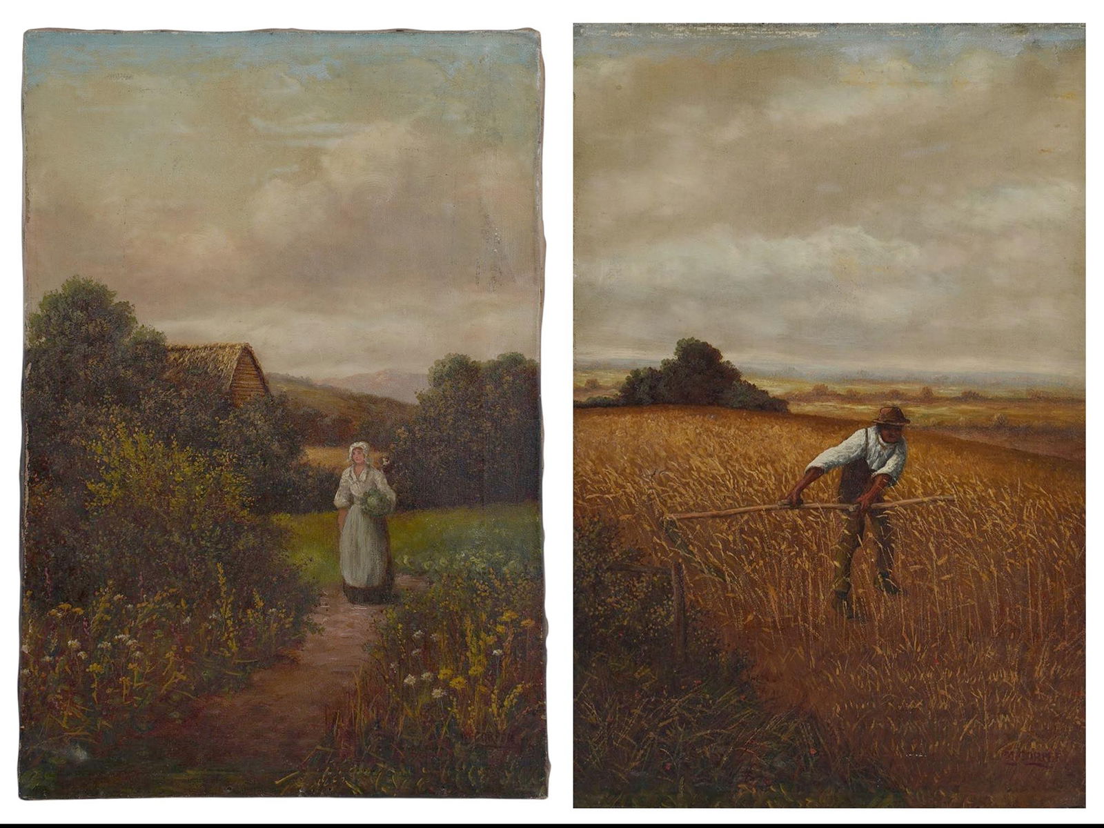 A PAIR OF SMALL OIL ON CANVAS GENRE PAINTINGS DEPICTING RURAL SCENES (1 of 11)