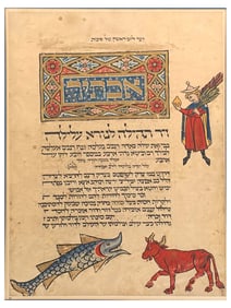 A FACSIMILE MEDIEVAL JUDAICA HAGGADAH PAGE, HEBREW SUKKOT TEXT, 20TH CEN.