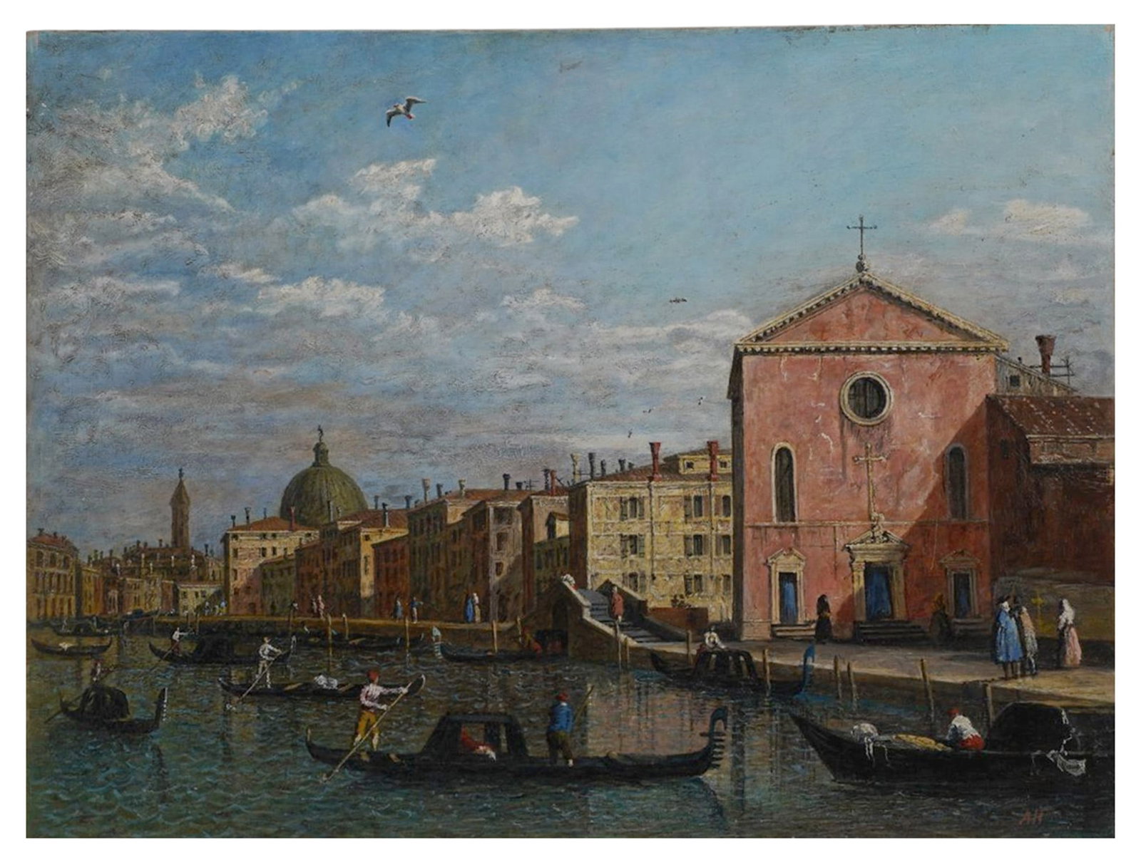 AN OIL ON BOARD VENETIAN CITY VIEW AFTER CANALETTO: An oil on board painting after an 18th century original produced by a follower of Canaletto entitled 'Venice, The Grand Canal facing Santa Croce'. The original is kept in the National Gallery in Londo