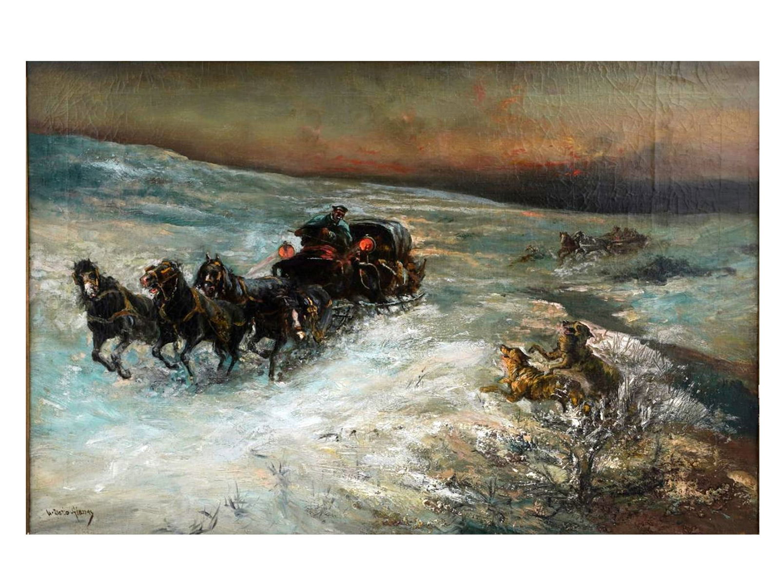 A POLISH WINTER TROIKA SCENE, SIGNED, POLISH SCHOOL, EARLY 20TH CENTURY (1 of 4)