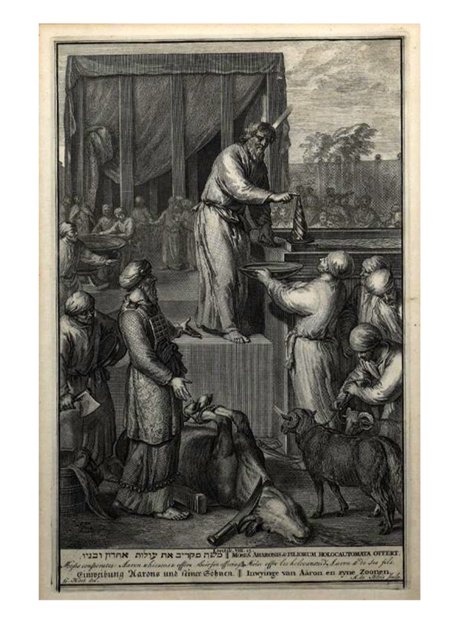 A JUDAICA ETCHING THE SACRIFICE AT THE TEMPLE, NETHERLANDS, LATE 17TH TO EARLY 18TH CENTURY: Engraving on laid paper depicting a biblical sacrificial scene from Leviticus VIII, illustrating Moses consecrating Aaron and his sons with offerings at the Temple. The composition shows a central pri
