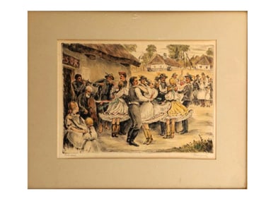 A MIXED MEDIA VILLAGE DANCING SCENE, SIGNED TO THE BOTTOM