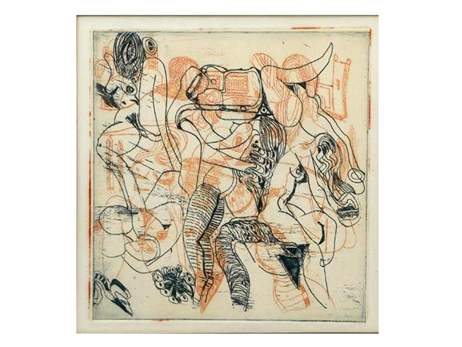 AN AVINASH CHANDRA (INDIAN, 1931-1991) ATTR. MIXED MEDIA EROTIC ARTWORK: An erotic scene depicting many nude bodies intertwined in states of ecstasy, possibly created by the Indian artist Avinash Chandra (1931-1991). Chandra, born in Shimla in the State of Himachal Pradesh