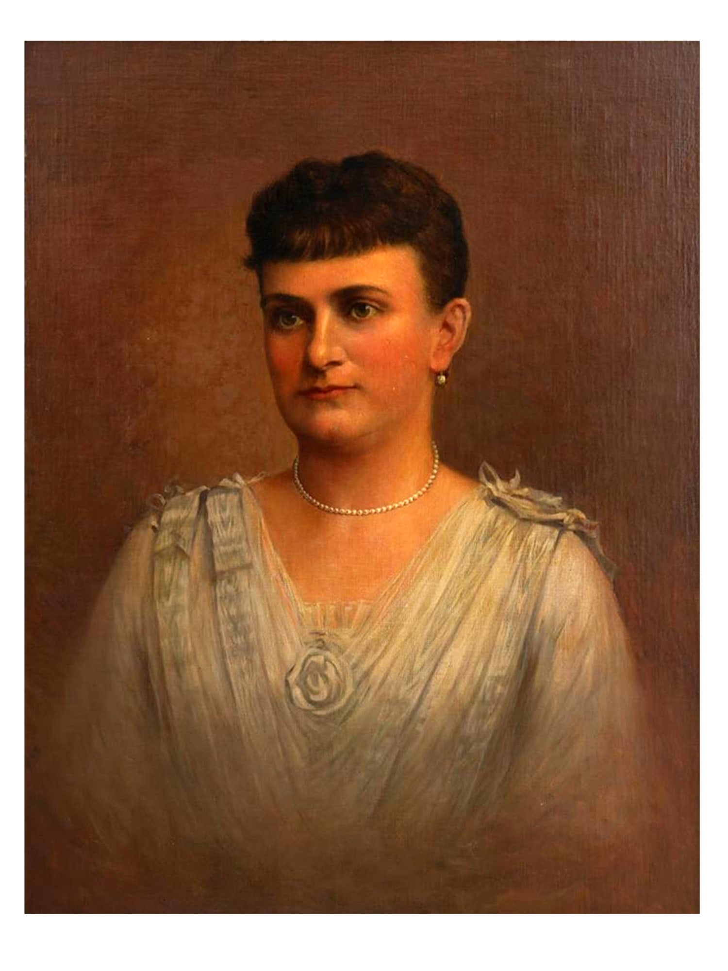 AN OIL ON BOARD PORTRAIT OF A WOMAN, EUROPEAN SCHOOL, LATE 19TH CENTURY: Oil on board, depicting a three-quarter-length portrait of a young woman against a warm brown ground. The sitter is shown in a white, softly draped dress with gathered shoulders, adorned with a pearl