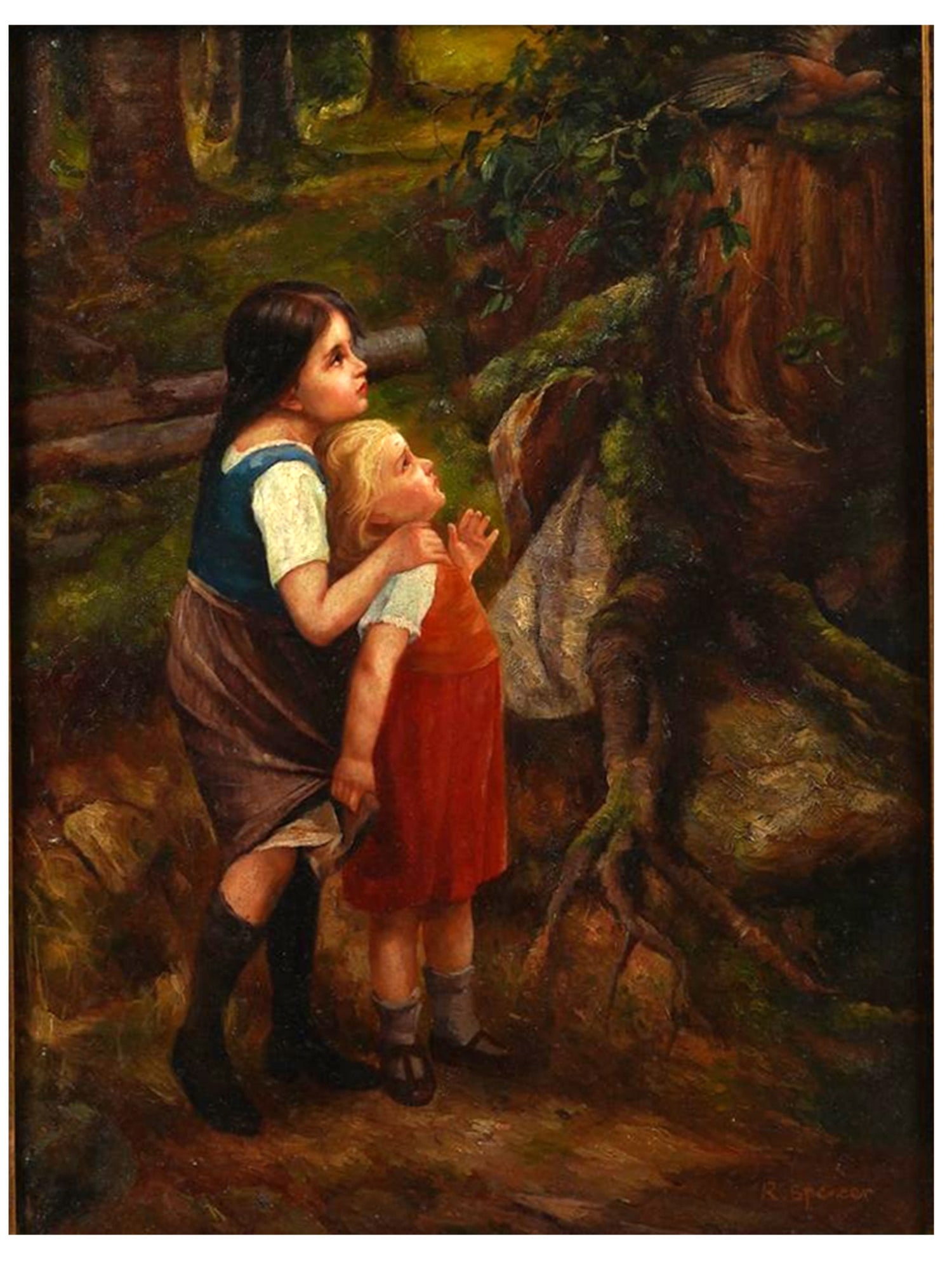 A ROBERT SPENCER (AMERICAN, 1879-1931) OIL ON BOARD PAINTING, TWO GIRLS WATCHING A BIRD: An oil on board painting by American artist Robert Spencer (1879-1931) depicting two young girls in the forest watching a bird as it flutters about the old mossy stump of a tree. The piece is signed t