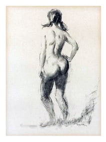 A CHARCOAL DRAWING OF A STANDING FEMALE NUDE, VEL MILLER, AMERICAN, 20TH CENTURY