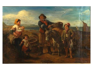 A THOMAS FALCON MARSHALL (ENGLISH, 1818-1878) ATTR. OIL ON CANVAS PAINTING 'BRINGING IN THE CATCH'