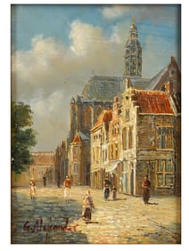 AN OIL ON BOARD DUTCH CITY VIEW, DUTCH SCHOOL, EARLY 20TH CENTURY