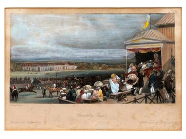 A EUGENE LAMI (1800-1890) 'COURSES DE CHANTILLY' HAND COLORED ENGRAVING, 19TH CENTURY
