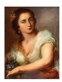 A HAND-PAINTED MINIATURE PORTRAIT OF A WOMAN, CONTINENTAL SCHOOL, MID TO LATE 19TH CENTURY