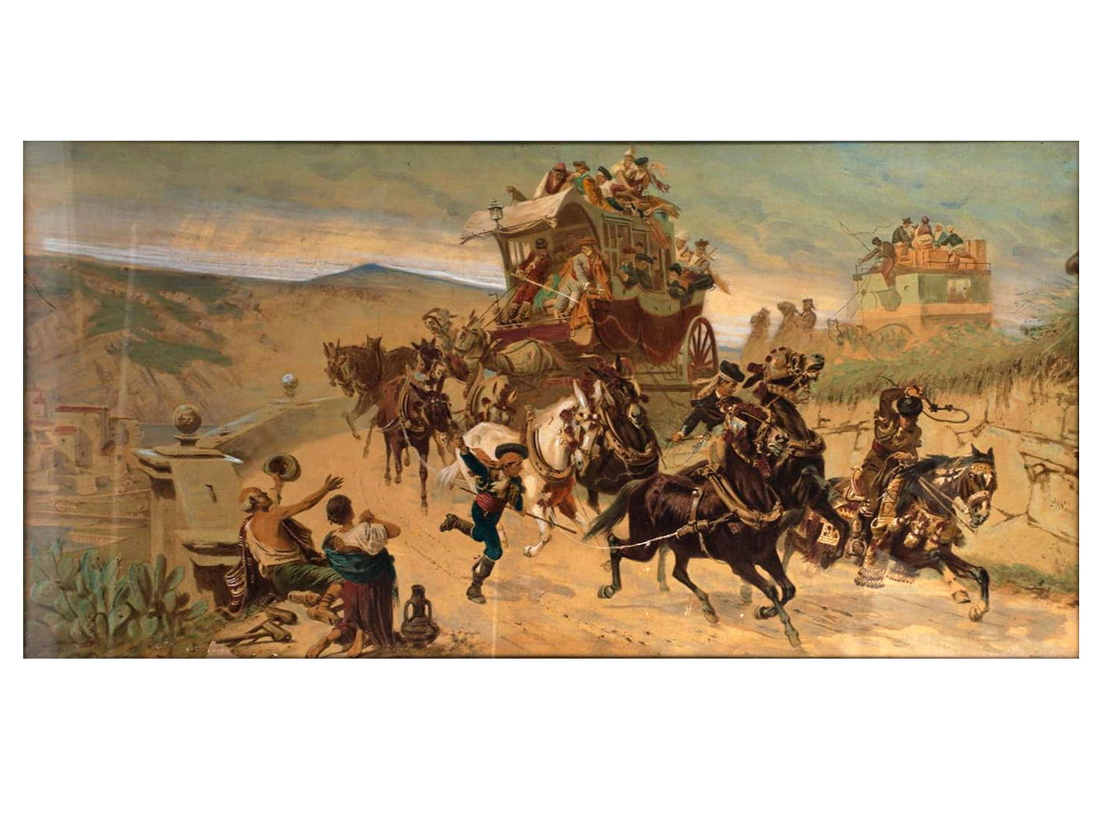ALEXANDER VON WAGNER (ATTRIBUTED), THE SPANISH MAIL COACH IN TOLEDO: Large watercolor on paper, signed illegibly lower right, depicting a dramatic mail coach scene with mounted riders and horses in motion before a town setting. This work is executed in a detailed late