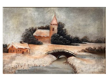 AN OIL ON BOARD SNOWY LANDSCAPE, SIGNED E. CORNWELL, POSSIBLY AMERICAN SCHOOL, LATE 19TH TO EARLY