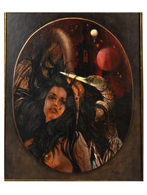 AN OIL ON CANVAS SURREAL EROTICA PAINTING, ISRAELI SCHOOL, DATED 1973