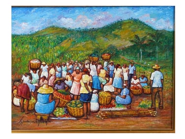AN JEAN BAPTISTE (B. 1973) ATTR. OIL ON CANVAS PAINTING, HAITIAN FRUIT MARKET
