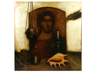 A UKRAINIAN OIL ON CANVAS PAINTING, STILL LIFE ICON OF JESUS WITH SHELL, SIGNED ALEXANDRA MELNIKOV,